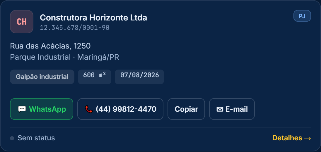 Cartão de uma obra no painel, com WhatsApp, ligar e copiar o telefone (dados fictícios)